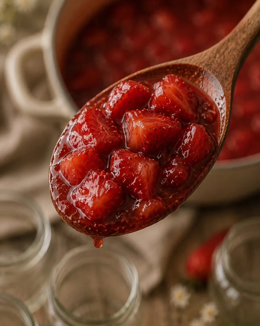 Strawberry preserve on a spoon